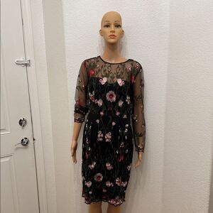 Phase Eight Floral Embroidered Black Pink Red Sheer Long Sleeve Dress Size 12